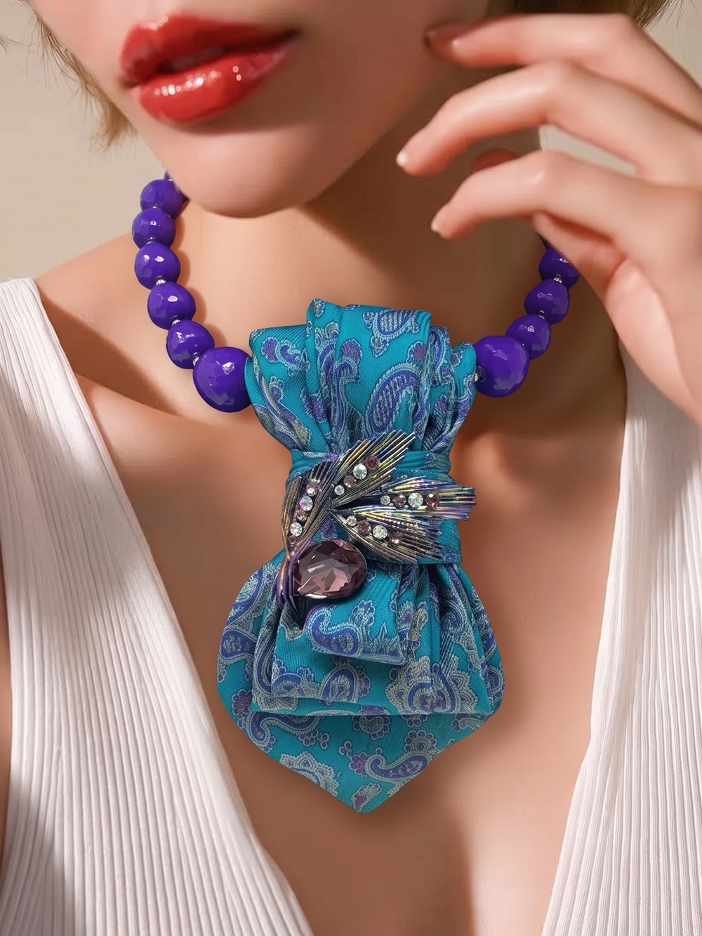 CHIC CHICK UPCYCLE | Purple Beaded Tie Necklace with Teal Paisley Accent
